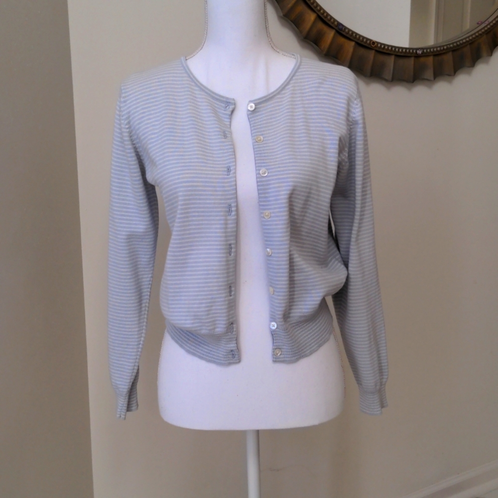 Extra small petite baby blue and white striped Lauren Ralph Lauren cardigan